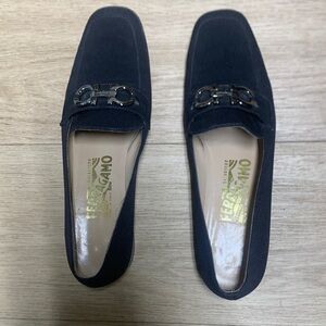 Salvatore Ferragamo Men's Dark Blue Loafers with Metallic Buckle